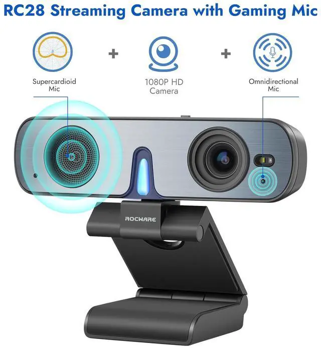 Alt view image 2 of 5 - ROCWARE RC28 Webcam with Cardioid & Omnidirectional Microphone | HiFi Mode for Studio-Quality Audio, AI Noise Cancellation & Raw Audio Modes | 1080P 60FPS Web Cam for Streaming/Meetings/Beginners