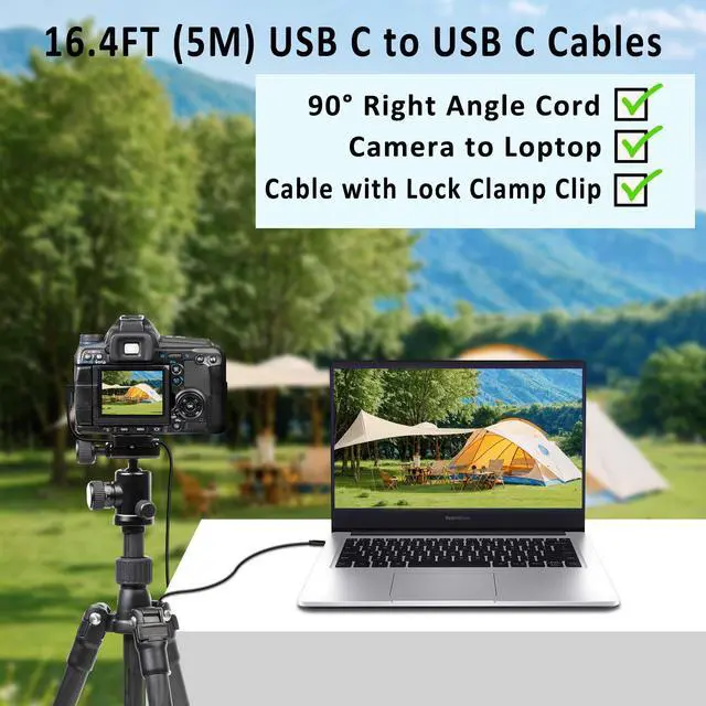 Alt view image 2 of 5 - Jelanry Camera Tether Cable USB C to USB C 90° Right Angle, for Power Delivery, 5Gbps Data Transfer, Charging Between Camera & Computer+ Tethering Cable Lock Clamp for Sony Canon Nikon, 16.4 feet 5m
