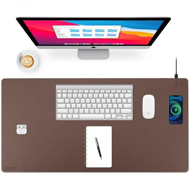 Main image of Wireless Charging Desk Mat with Desk Pad for Desktop Charging Large Mouse Pad Waterproof Leather Computer Mat Mouse Pad Non-Slip Protector on Top of Desks for Keyboard and Mouse (brown-r, 32*16inch)