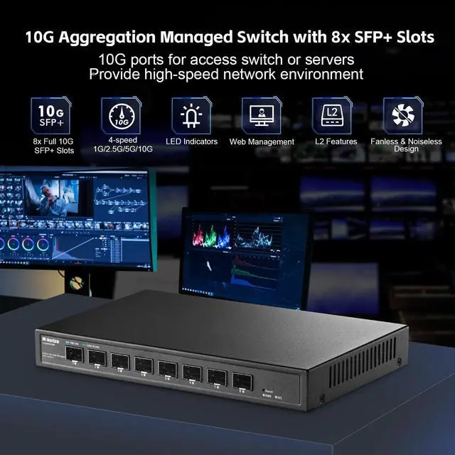 Alt view image 2 of 5 - MokerLink 8 Port 10Gbps SFP+ Managed Switch, Support 1G/2.5G/10G SFP Module, 160Gbps Bandwidth, Metal Fanless Web Managed Network Switch