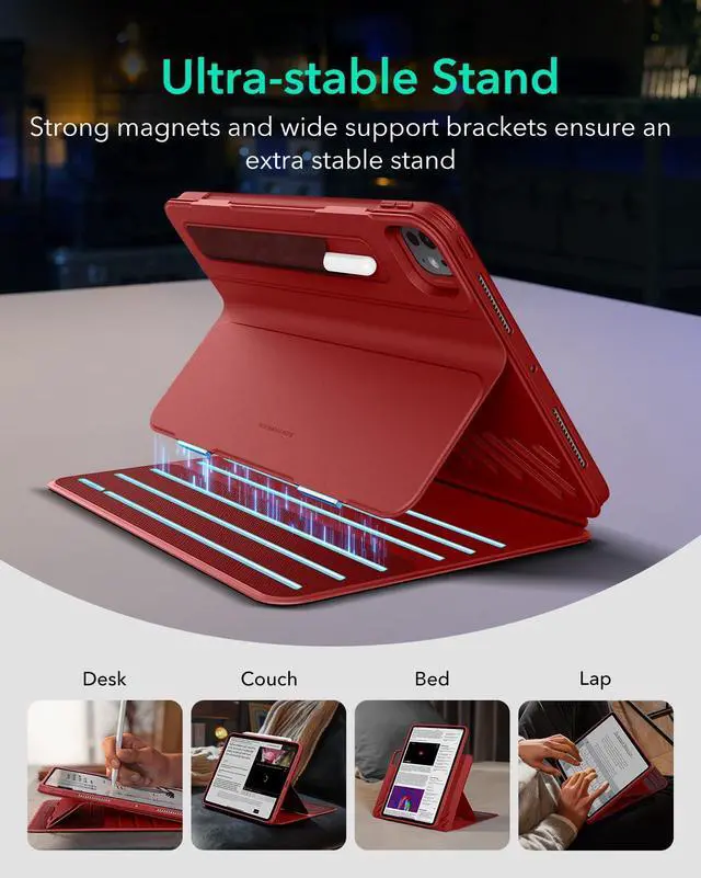 Alt view image 4 of 5 - ESR for iPad Pro 11 Inch Case 2024 5th Generation (M4), Rotating Case with Removable Magnetic Cover, Adjustable Portrait/Landscape Stand with Raised Screen View, 9 Standing Angles, Shift Series, Red