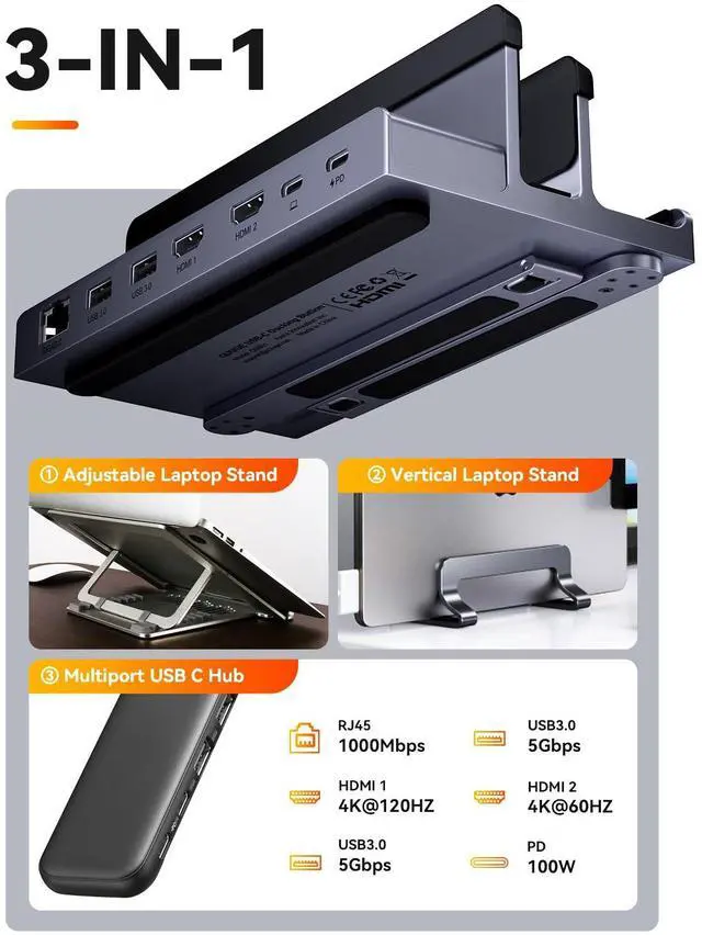 Alt view image 2 of 5 - Laptop Docking Station Stand Dual 4K Monitor: QUUGE USB C Docking Station Dual Monitor for Laptop, 2 HDMI (Single 4K@120Hz), 2 USB3.0 Ports, 100W PD, RJ45 Ethernet, Universal Laptop Stand USB C Dock