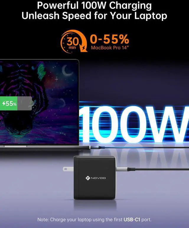 Alt view image 3 of 5 - 100W USB C Charger, 120W MacBook Pro Charger, 3-Port GaN Fast Charger with PD3.0, PPS, USB C Charger for MacBook pro & MacBook Air, ipad Air, iPhone 15, iPad, Laptops and All USB C Device