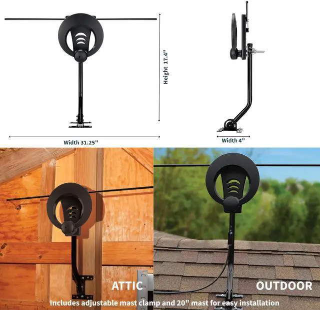 Alt view image 5 of 5 - ClearStream Antennas Direct 1MAX Indoor Outdoor TV Antenna, UHF VHF, Multi-Directional, 40+ Mile Range, 4K 8K UHD NEXTGEN TV - w/ 20-inch Mast (Black)