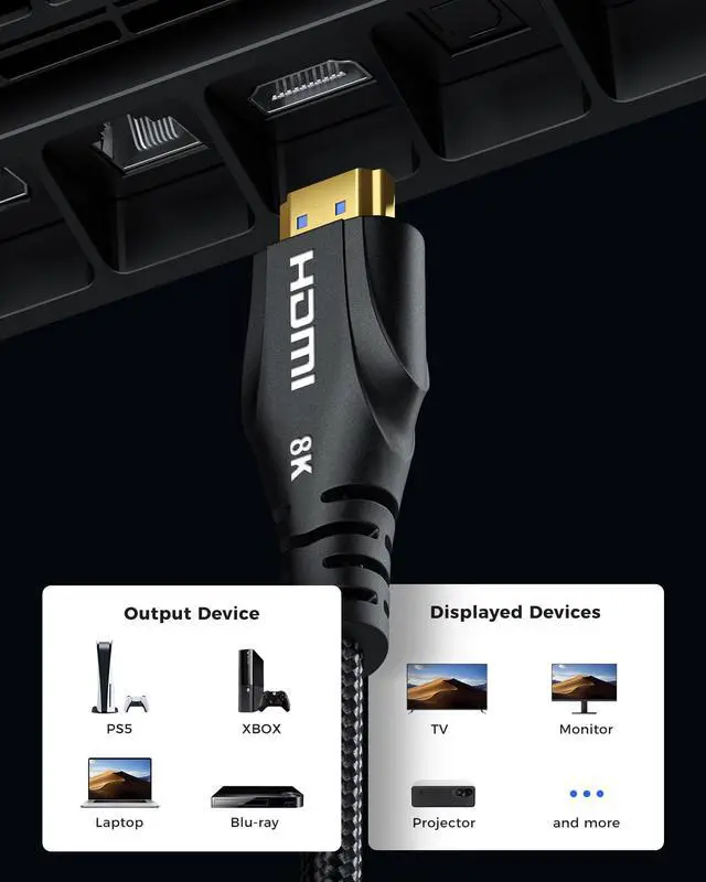 Alt view image 5 of 5 - Cratree HDMI 2.1 Cable 25FT Long - 4K 120hz,8K 60hz,48Gbps HDMI 2.1 Ultra High Speed HDMI Braided Cord,HDCP 2.3,eARC - Compatible with HDTV,Projector,Monitor and More