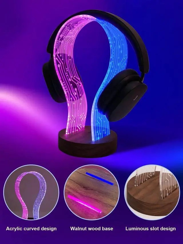 Alt view image 5 of 5 - YuanDian Headphone Stand, Walnut Wood Headset Holder with Blue Pink LED Night Light for Gamers, Men, and Music Lovers - Perfect Desk Gift Idea