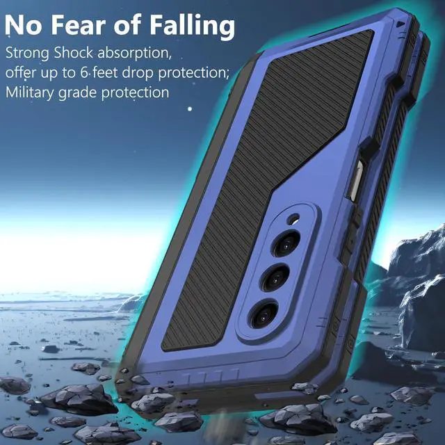 Alt view image 2 of 5 - YQODSZ for Samsung Galaxy Z Fold 5 Metal Case with Fold5 S Pen Holder, Rugged Heavy Duty Z Fold 5 Case Screen Protector Kickstand Full-Body Protection Z Fold 5 5g Phone Case Blue