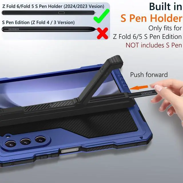 Alt view image 3 of 5 - YQODSZ for Samsung Galaxy Z Fold 5 Metal Case with Fold5 S Pen Holder, Rugged Heavy Duty Z Fold 5 Case Screen Protector Kickstand Full-Body Protection Z Fold 5 5g Phone Case Blue