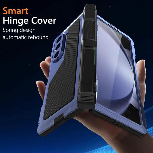 Alt view image 4 of 5 - YQODSZ for Samsung Galaxy Z Fold 5 Metal Case with Fold5 S Pen Holder, Rugged Heavy Duty Z Fold 5 Case Screen Protector Kickstand Full-Body Protection Z Fold 5 5g Phone Case Blue