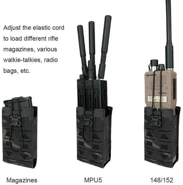 Alt view image 3 of 5 - Tactical Radio Pouch MOLLE Radio Holster Compatible with 148/152 MPU5 Baofeng Radio Case Bag Walkie Talkies Rifle Mag with Elastic Cord 500D Nylon (camo Black)