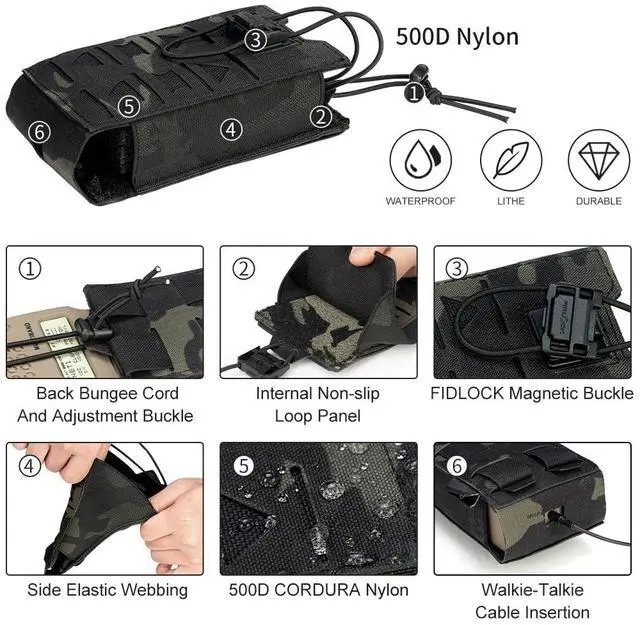 Alt view image 2 of 5 - Tactical Radio Pouch MOLLE Radio Holster Compatible with 148/152 MPU5 Baofeng Radio Case Bag Walkie Talkies Rifle Mag with Elastic Cord 500D Nylon (camo Black)