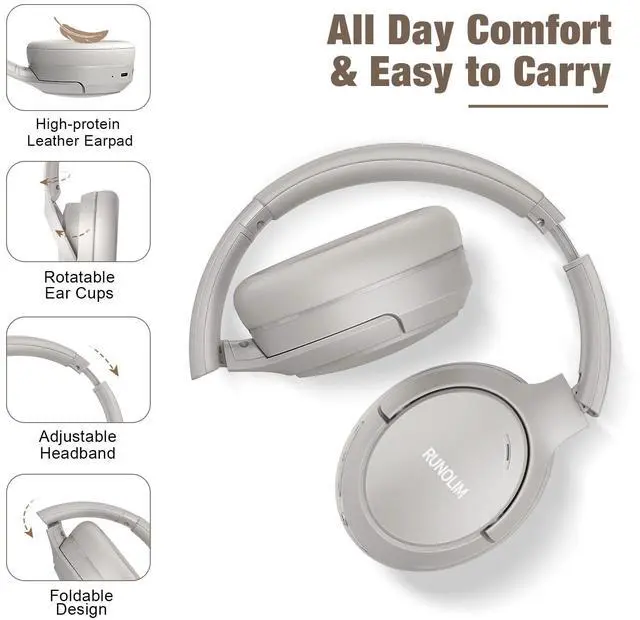 Alt view image 5 of 5 - RUNOLIM Hybrid Active Noise Cancelling Headphones, 70H Playtime, Built-in Microphone, Bluetooth Wireless Over Ear Foldable Headphones with HiFi Audio, Home Travel Office