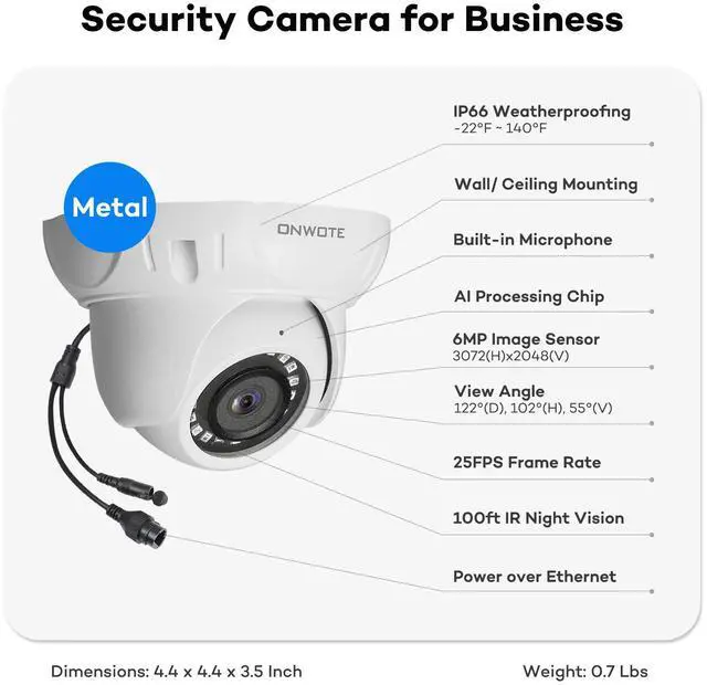 Alt view image 4 of 5 - ONWOTE 6MP Super HD PoE IP Security Camera with Audio, AI Human Vehicle Detection, 3072x2048 6 Megapixels, 122° FoV, Indoor/Outdoor Commercial Wired Camera for Business, Add-on to PoE NVR System