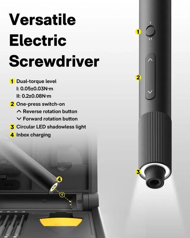 Alt view image 3 of 5 - HOTO Electric Precision Screwdriver Set, 48 in 1 Electronics Tool Kit, Magnetic Bits & Box, LED Light & 2 Torque Settings, Mini Screwdriver Set for Eyeglasses, Watches, Phones, Laptops, Cameras Repair