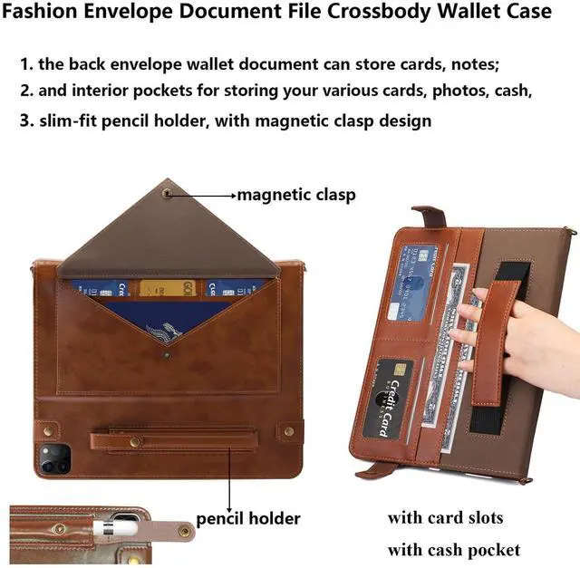 Alt view image 3 of 5 - UUcovers Crossbody Handbag Case for iPad Pro 12.9 inch 6th/5th/4th/3rd Generation 2022/2021/2020/2018 with Pencil Holder/Shoulder Strap/Hand Strap/Stand Envelope Bag Magnetic Wallet Cover, Coffee