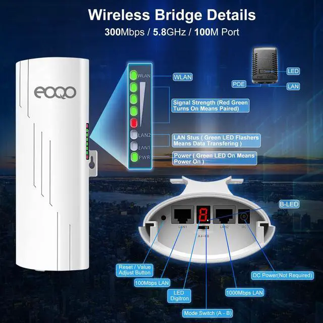 Alt view image 3 of 5 - 5.8GHz Outdoor Wireless Bridge Point to Point Access PTP/PTMP Plug & Play CPE Network 300Mbps 1.2ML Long Range WiFi Extender with 12DBI High Gain Antenna,POE Power Adapter