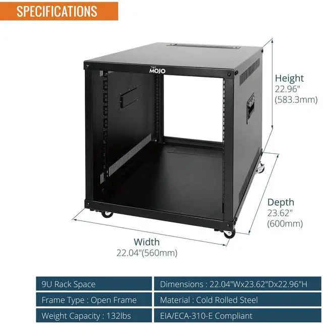 Alt view image 2 of 5 - Tecmojo 9U Portable Rolling Network Rack, 4-Post Mobile Open Frame Server Rack with Wheels, Free Standing Server Cabinet for Computer/Data/AV/IT Equipment/Network Equipment