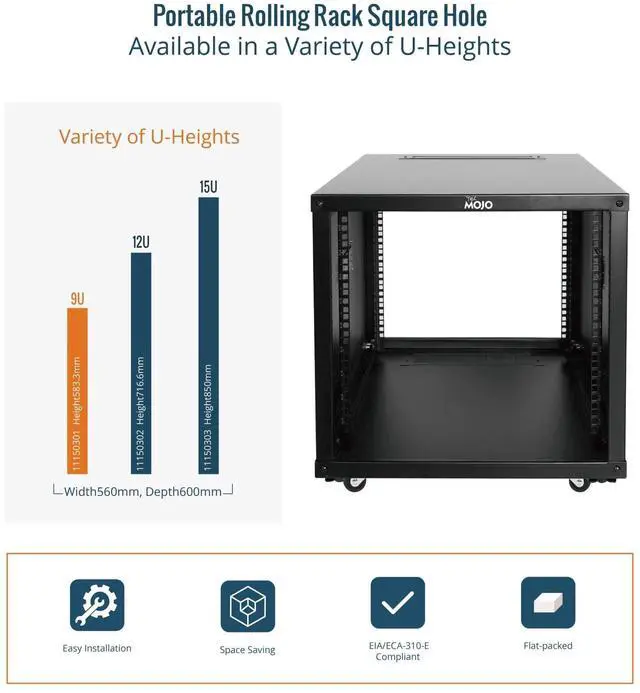 Alt view image 5 of 5 - Tecmojo 9U Portable Rolling Network Rack, 4-Post Mobile Open Frame Server Rack with Wheels, Free Standing Server Cabinet for Computer/Data/AV/IT Equipment/Network Equipment