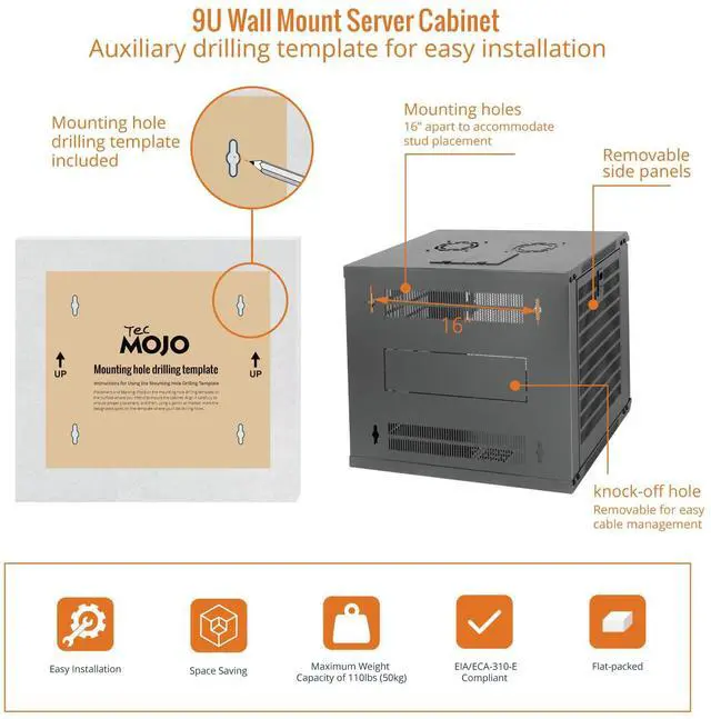 Alt view image 5 of 5 - Tecmojo 9U Wall Mount Rack Network Cabinet for 19" IT Equipment,with Lockable Mesh Door and Side Panels,Cooling Fan,17.7inch Depth,Black