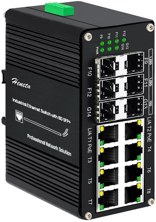 Main image of Hardened Industrial 14 Port PoE+ Switch 8 Port 10/100/1000Base-T + 4 Port 1.25G SFP + 2 Port 10G SFP+ Gigabit Unmanaged Switch 240W PoE Out Full/Half-Duplex Auto MDI/MDIX 48-57V Input