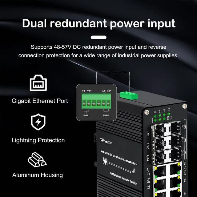 Alt view image 2 of 5 - Hardened Industrial 14 Port PoE+ Switch 8 Port 10/100/1000Base-T + 4 Port 1.25G SFP + 2 Port 10G SFP+ Gigabit Unmanaged Switch 240W PoE Out Full/Half-Duplex Auto MDI/MDIX 48-57V Input