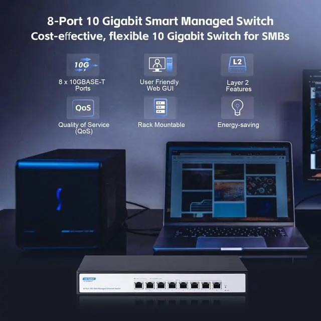 Alt view image 2 of 5 - YuLinca 8 Port 10Gbps Managed Ethernet Switch, 10G/5G/2.5G/1000M Auto-Negotiation, 160Gbps Bandwidth, Support LACP/QOS/VLAN/IGMP, Desktop/Rackmount Managed Network Switch