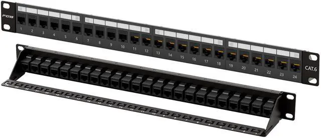 Main image of FGB 10Gbps Patch Panel 24 Port, Cat6 Keystone Patch Panel, 19" Rackmount or Wall Mount, 1U with Back Bar, Network Patch Panel for Gigabit Ethernet