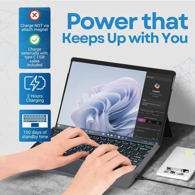Alt view image 2 of 5 - Wireless Keyboard Type Cover Trackpad Mouse Replacement for Microsoft Surface Pro 7 Pro 6 Pro 5 Pro 4 Pro 3 Bluetooth 7-Color LED Backlit Ultra-Slim Rechargeable Battery Multi-Touch