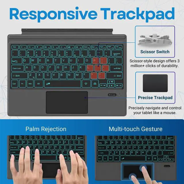 Alt view image 5 of 5 - Wireless Keyboard Type Cover Trackpad Mouse Replacement for Microsoft Surface Pro 7 Pro 6 Pro 5 Pro 4 Pro 3 Bluetooth 7-Color LED Backlit Ultra-Slim Rechargeable Battery Multi-Touch