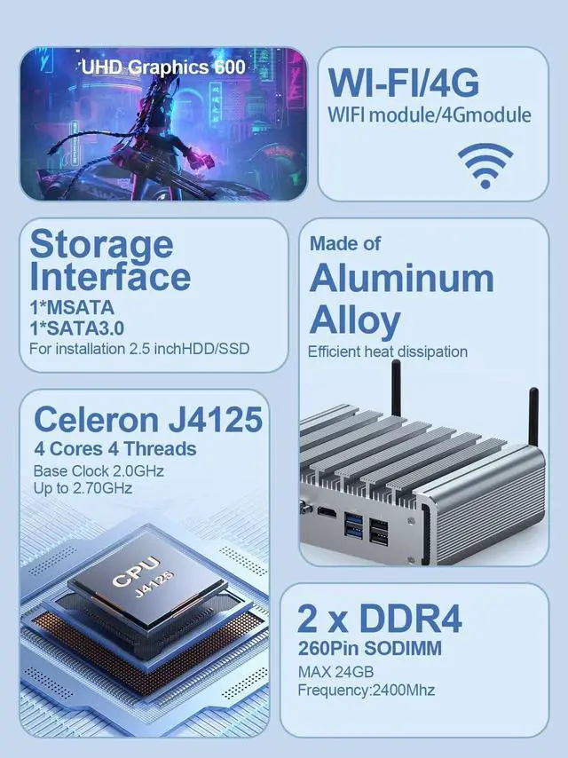 Alt view image 2 of 5 - WEIDIAN Fanless PC 2.5GbE, Micro Firewall Appliance 6 I225-V 2.5GbE NIC Ports, Network Gateway Soft Router Mini Computer, Celeron J4125, AES-NI, Auto Power On, RTC, VESA(8GB RAM 128GB SSD)