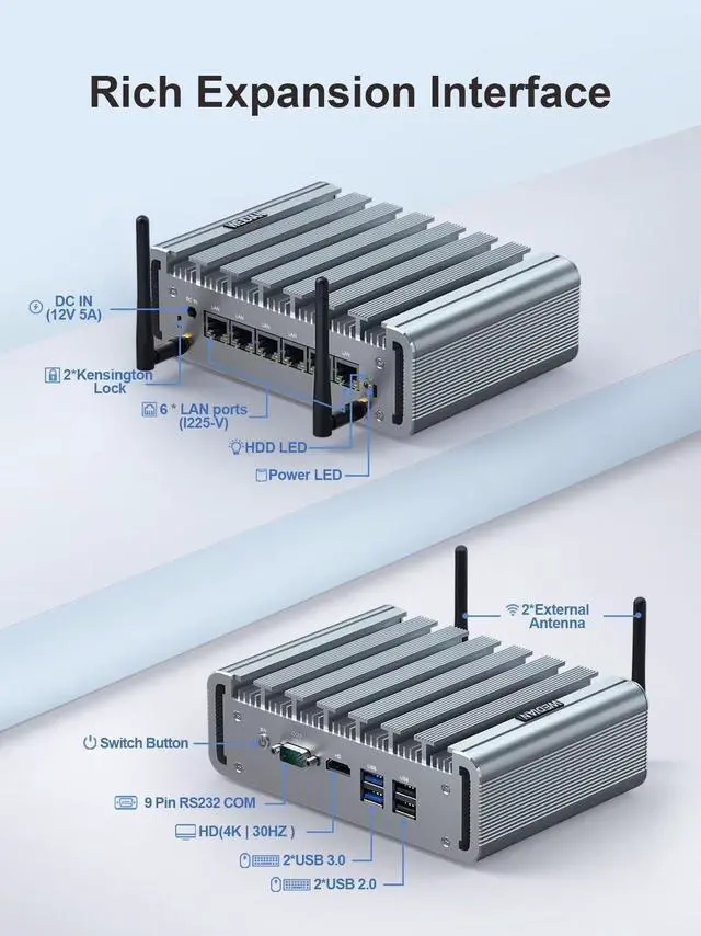 Alt view image 3 of 5 - WEIDIAN Fanless PC 2.5GbE, Micro Firewall Appliance 6 I225-V 2.5GbE NIC Ports, Network Gateway Soft Router Mini Computer, Celeron J4125, AES-NI, Auto Power On, RTC, VESA(8GB RAM 128GB SSD)
