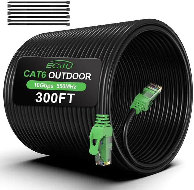Main image of 300FT Cat6 Outdoor Ethernet Cable, In-Ground, Heavy Duty Direct Burial, 24AWG CCA Patch Cord for Laptops, PCs, Routers, Printers, Surveillance Camera, PoE, UTP Cat 6 Internet Cable with 25 Cable Ties