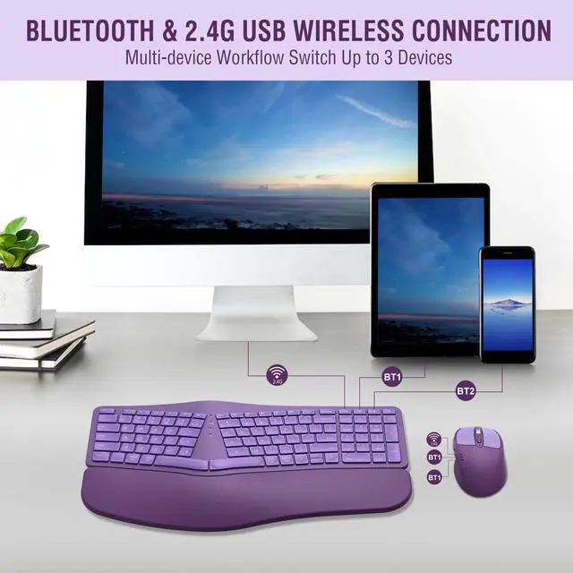 Alt view image 3 of 5 - MK960 Ergonomic Wireless Keyboard Mouse Combo, Bluetooth/2.4G Split Design Keyboard with Palm Rest and 4 Level DPI Adjustable Wireless Mouse Multi-Device, Rechargeable, for Windows/Mac/Android(Purple)