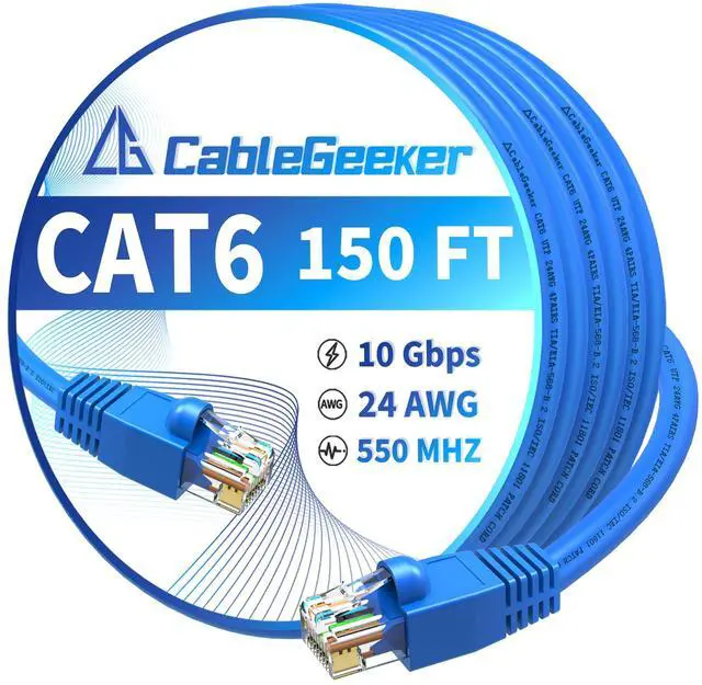 Main image of CableGeeker Cat 6 Ethernet Cable 150 ft, High Speed 10Gbps Internet Network Cable, 24AWG Heavy Duty Patch Cord, UTP LAN Internet Patch Cable for Router, Modem, PS5/4, Xbox, Server, Blue