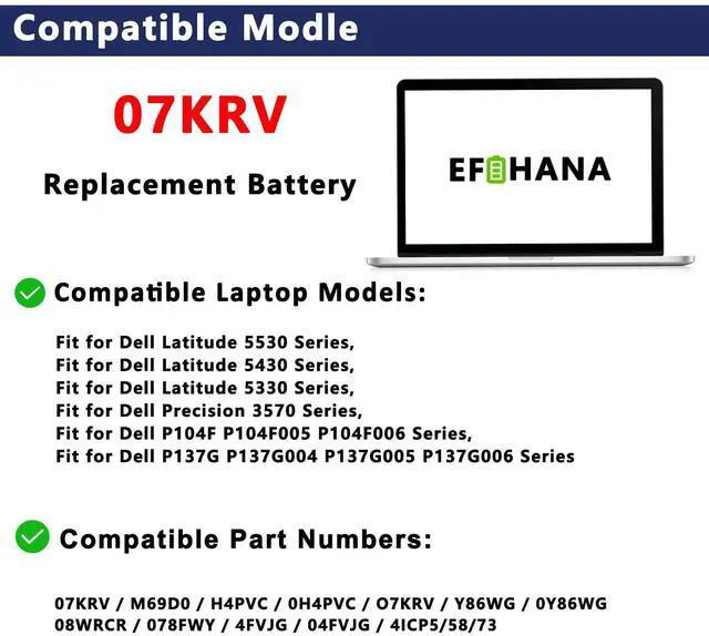 Alt view image 5 of 5 - 4-Cell 07KRV 58Wh Laptop Battery Replacement for Dell Latitude 5530 5430 Precision 3570 P137P P104F Y86WG 104F005 P104F006 M69D0 P137G004 P137G005 P137G006 H4PVC 078FWY 4FVJG O7KRV 15.2V 3625mAh