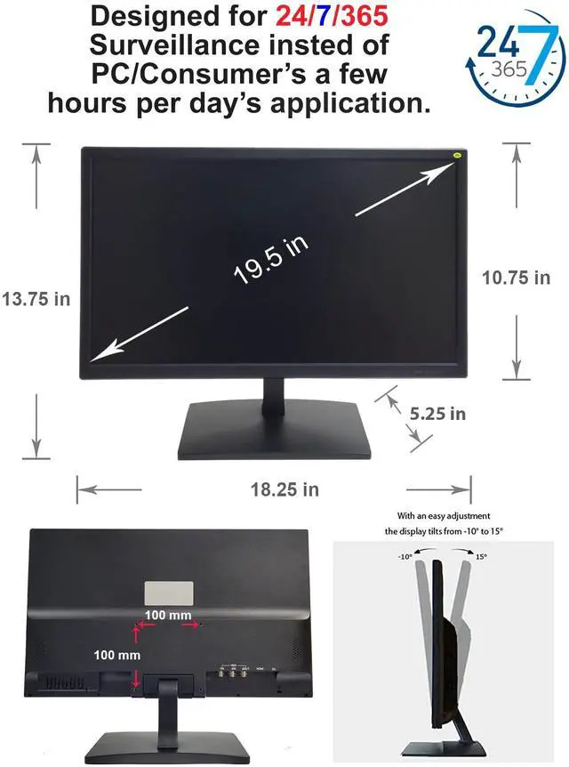 Alt view image 5 of 5 - 101AV 19.5" 5MP/2560x1920 Super-HD TVI, AHD, CVI, & CVBS Professional Security Monitor, 1 HDMI, 2 BNC In & 1 Out, working with Super HD 5MP security cameras directly in addition to DVR/NVR/PC