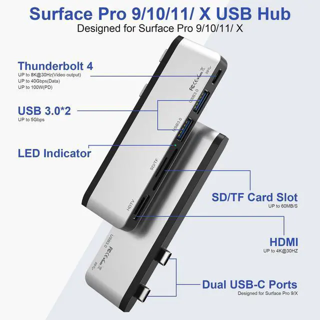 Alt view image 2 of 5 - Surface Pro 11 USB Hub, Surface Pro 9 USB Hub Docking Station with 4K HDMI, USB-C Thunderbolt 4(8K Video+Data+100W PD), USB 3.0 * 2, SD TF Card Reader, USB C Hub for Surface Pro 11/10/9/X