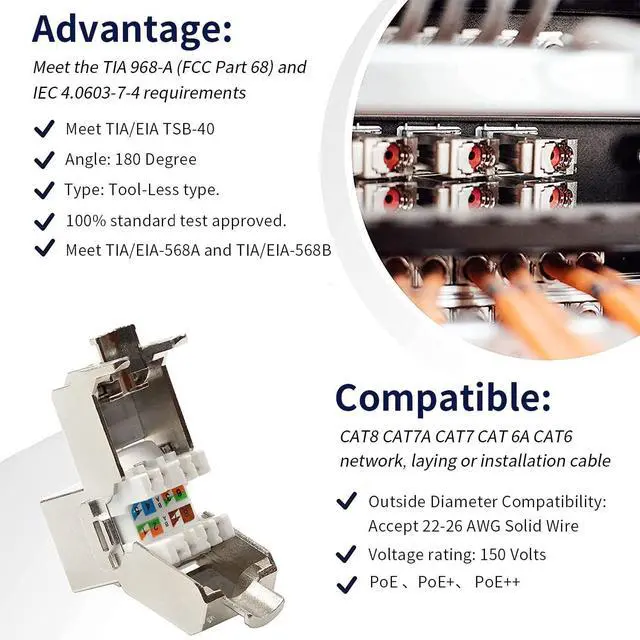 Alt view image 3 of 5 - ZOERAX 12 Pcs Cat6a Cat7 Keystone Jack Cat7 RJ45 STP Tool-Less Type Zinc Alloy Module Jacks Adapter Coupler for 22 to 26 AWG Solid or Stranded S/FTP Ethernet Cable