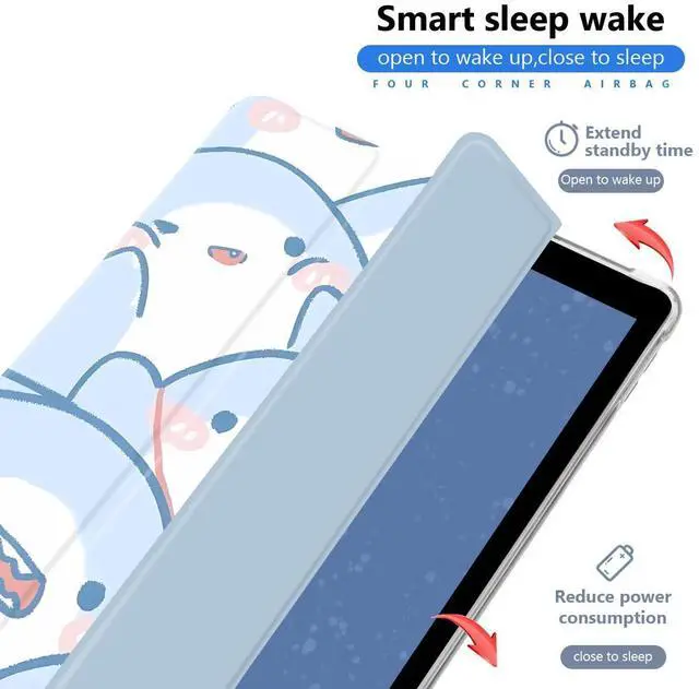 Alt view image 2 of 5 - JOYLAND Lovely Cartoon Shark Case for iPad Air/iPad Air 2 9.7 Inch with Pencil Holder, Auto Wake/Sleep, Clear TPU Blue Leather Anti-Scratch Smart Foldable Stand Back Cover