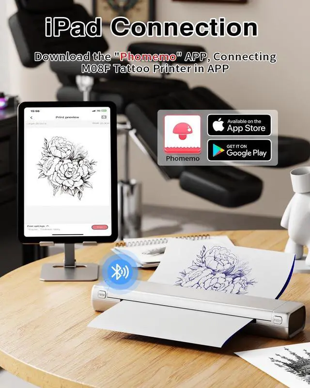 Alt view image 2 of 5 - Phomemo M08F Bluetooth Tattoo Stencil Printer & Black Case Portable Stencil Printer for Tattooing, Compatible with Smartphone & PC, Silver