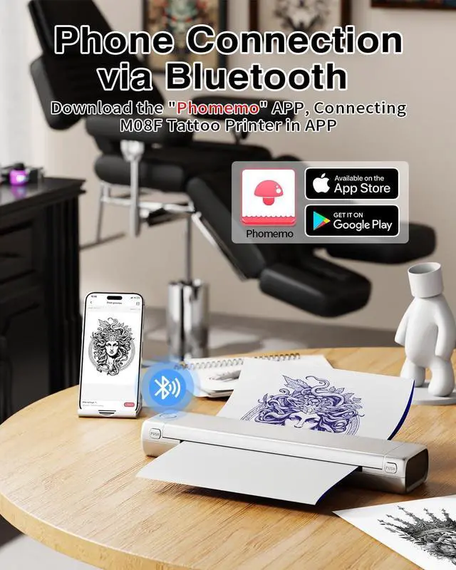 Alt view image 3 of 5 - Phomemo M08F Bluetooth Tattoo Stencil Printer & Black Case Portable Stencil Printer for Tattooing, Compatible with Smartphone & PC, Silver