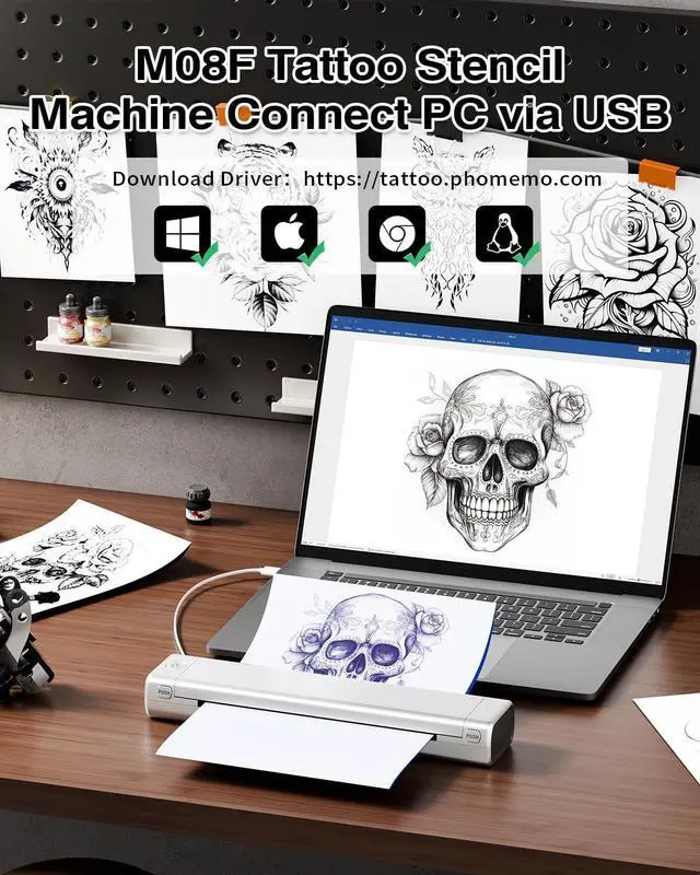 Alt view image 4 of 5 - Phomemo M08F Bluetooth Tattoo Stencil Printer & Black Case Portable Stencil Printer for Tattooing, Compatible with Smartphone & PC, Silver