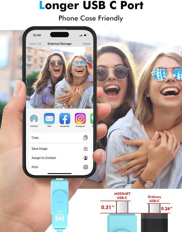 Alt view image 2 of 5 - MOSDART 512GB USB3.1 Fast Speed C and A Dual Flash Drive, exFAT Memory Stick with Keychain and LED Indicator, for iPhone 15 and 16, Android Phone, iPad, MacBook, and Other Laptops, Sky Blue