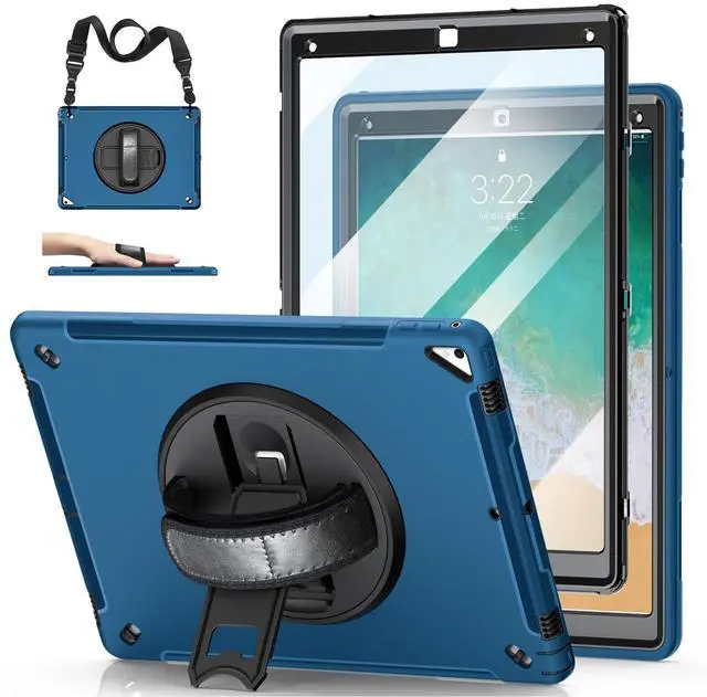 Main image of Case for iPad Pro 12.9 2nd Generation 2017& 2015 1st Generation, Heavy Duty TPU Protective Cover with Screen Protector- 360° Rotatable Stand + Handle Hand & Shoulder Strap + Pencil Holder- Blue