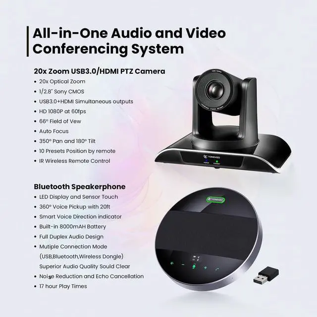 Alt view image 2 of 5 - 20x Zoom Conference Room Camera System TONGVEO All-in-1 Video and Audio Conferencing System 20X Optical Zoom USB3.0 HDMI PTZ Camera and Conference speaker with microphone Bundle for large Meeting Room