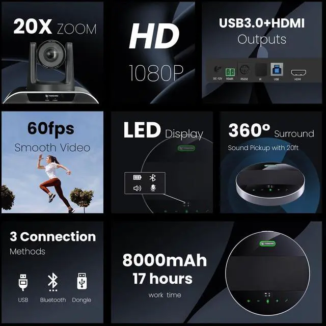 Alt view image 3 of 5 - 20x Zoom Conference Room Camera System TONGVEO All-in-1 Video and Audio Conferencing System 20X Optical Zoom USB3.0 HDMI PTZ Camera and Conference speaker with microphone Bundle for large Meeting Room