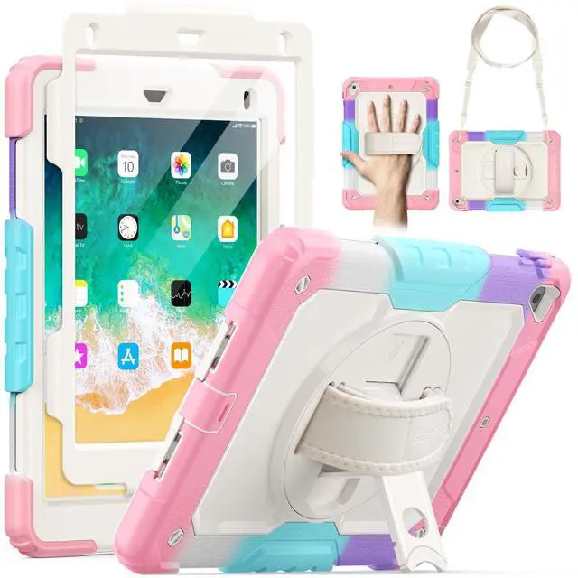 Main image of SEYMAC Kids case for iPad 6th/5th Generation Case 9.7", Full-Body Shockproof Heavy Duty Protective Case with Screen Protector, Rotating Stand/Hand/Shoulder Strap for iPad Air 2/Pro 9.7, Colorful Pink