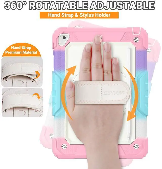 Alt view image 3 of 5 - SEYMAC Kids case for iPad 6th/5th Generation Case 9.7", Full-Body Shockproof Heavy Duty Protective Case with Screen Protector, Rotating Stand/Hand/Shoulder Strap for iPad Air 2/Pro 9.7, Colorful Pink