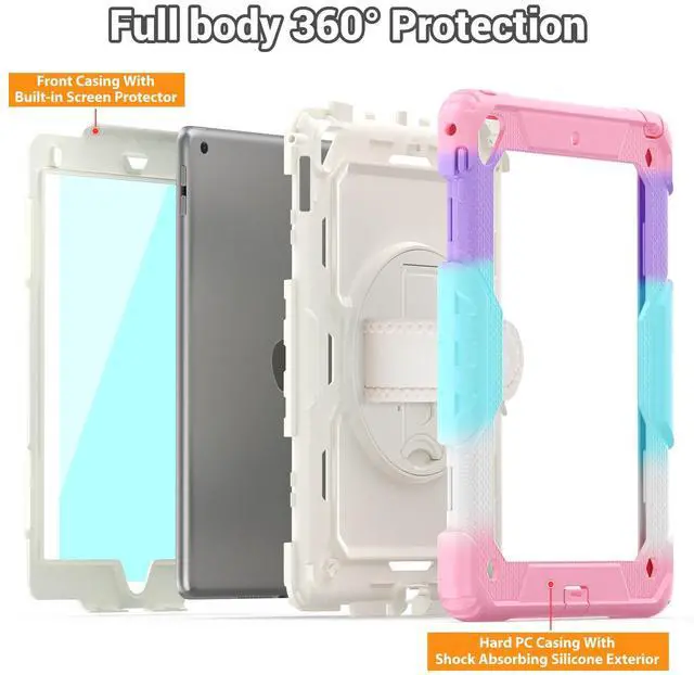 Alt view image 5 of 5 - SEYMAC Kids case for iPad 6th/5th Generation Case 9.7", Full-Body Shockproof Heavy Duty Protective Case with Screen Protector, Rotating Stand/Hand/Shoulder Strap for iPad Air 2/Pro 9.7, Colorful Pink