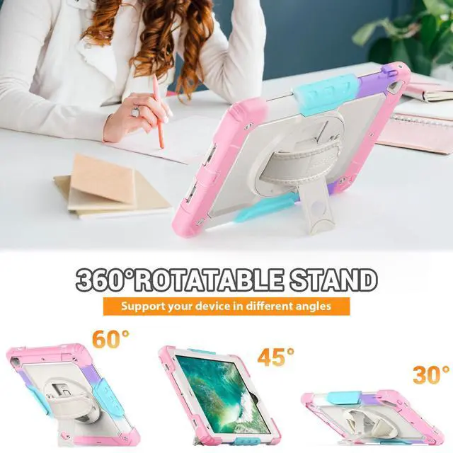 Alt view image 4 of 5 - SEYMAC Kids case for iPad 6th/5th Generation Case 9.7", Full-Body Shockproof Heavy Duty Protective Case with Screen Protector, Rotating Stand/Hand/Shoulder Strap for iPad Air 2/Pro 9.7, Colorful Pink